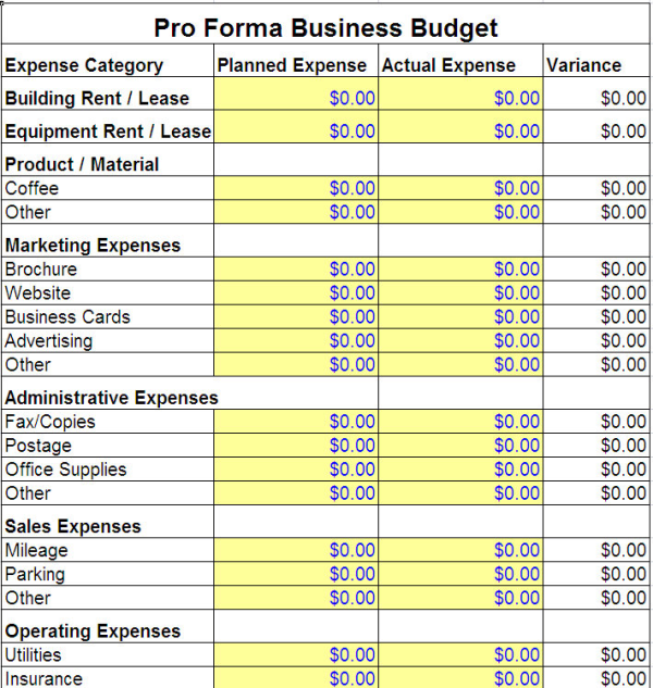 http://myexceltemplates.com/pro-forma-business-template/